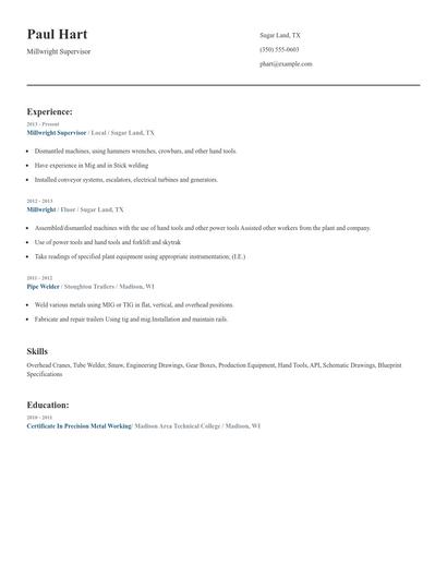 Millwright Supervisor Resume