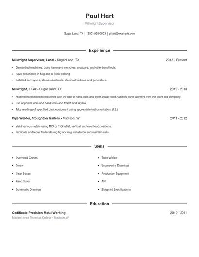 Millwright Supervisor Resume