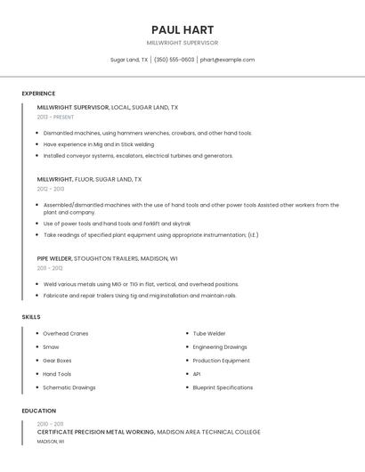 Millwright Supervisor Resume