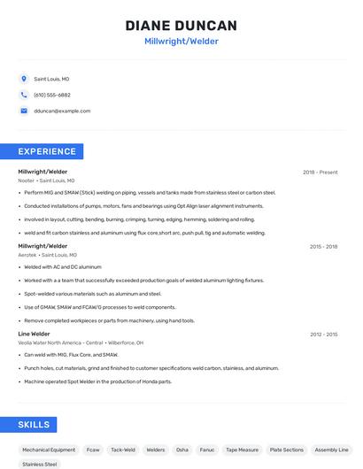 Millwright/Welder Resume