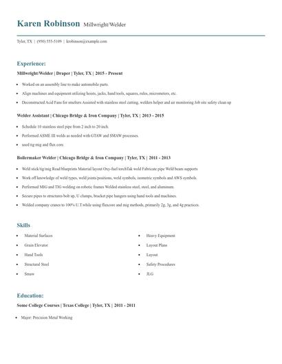 Millwright/Welder Resume