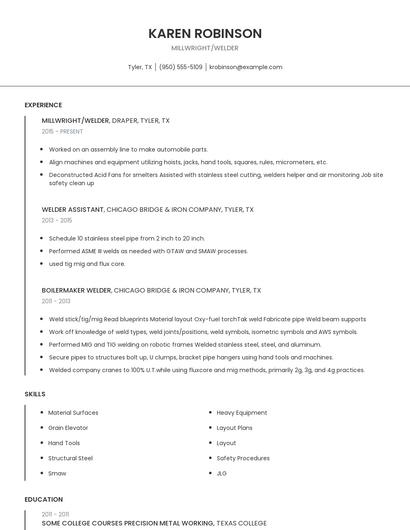 Millwright/Welder Resume