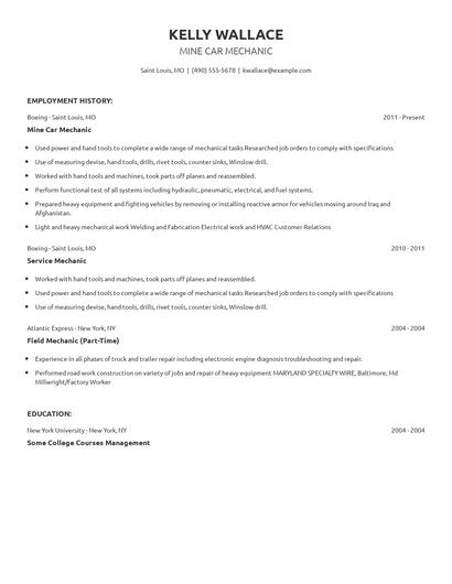 Mine Car Mechanic Resume