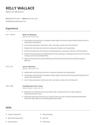 Mine Car Mechanic Resume
