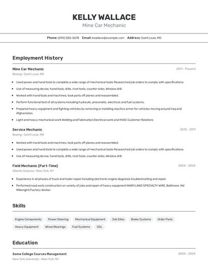 Mine Car Mechanic Resume