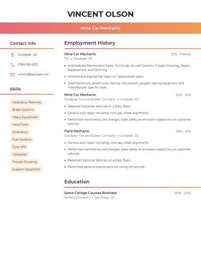 Mine Car Mechanic Resume