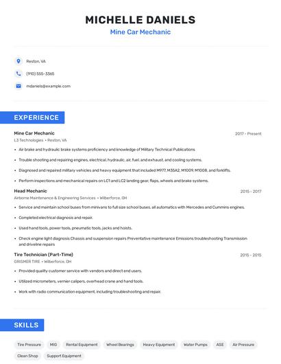 Mine Car Mechanic Resume