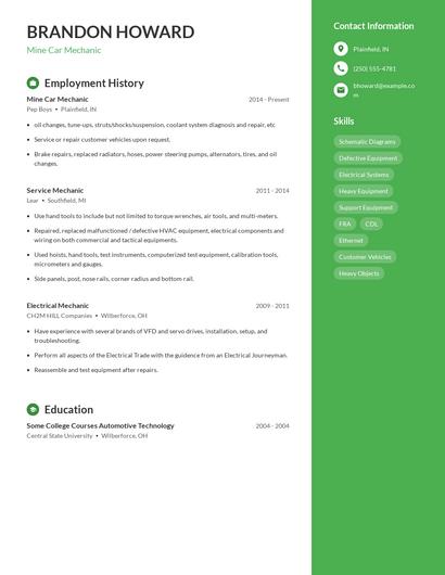 Mine Car Mechanic Resume