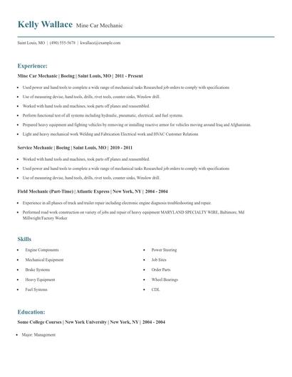 Mine Car Mechanic Resume