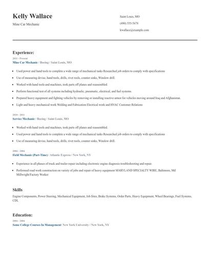 Mine Car Mechanic Resume