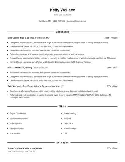 Mine Car Mechanic Resume