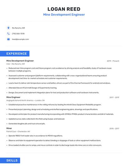 Mine Development Engineer Resume