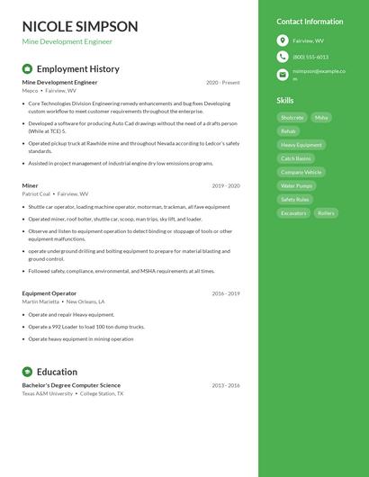 Mine Development Engineer Resume