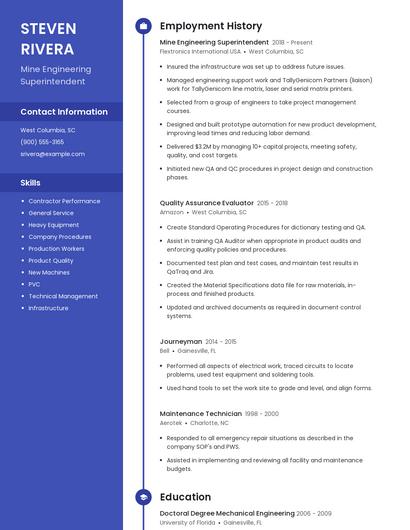 Mine Engineering Superintendent Resume