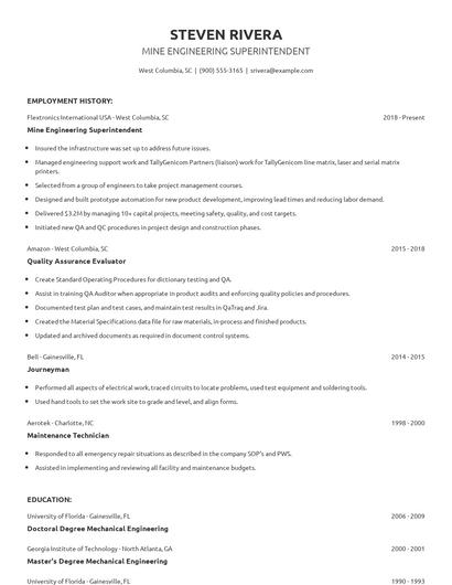 Mine Engineering Superintendent Resume