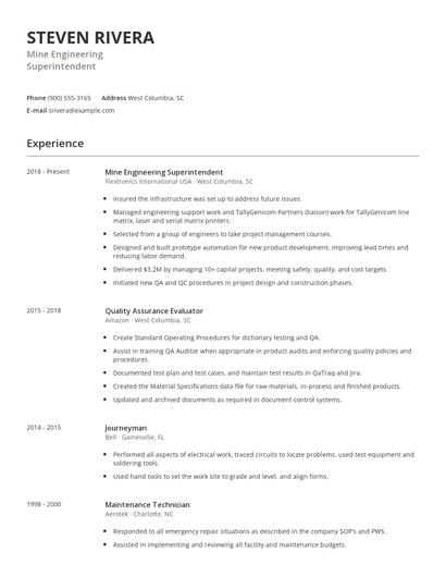 Mine Engineering Superintendent Resume