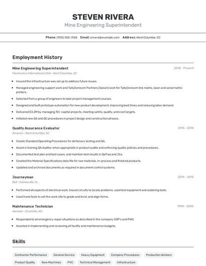 Mine Engineering Superintendent Resume