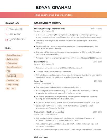 Mine Engineering Superintendent Resume