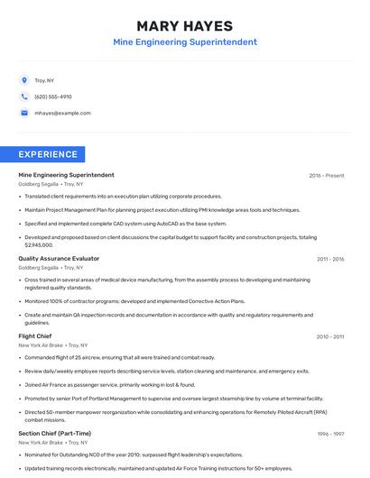 Mine Engineering Superintendent Resume