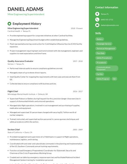 Mine Engineering Superintendent Resume