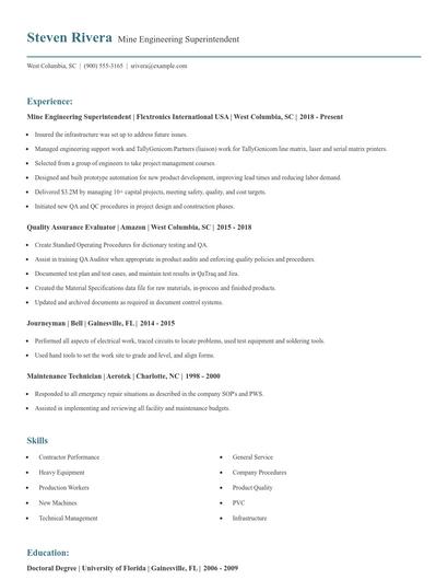 Mine Engineering Superintendent Resume
