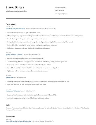 Mine Engineering Superintendent Resume