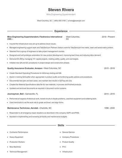 Mine Engineering Superintendent Resume