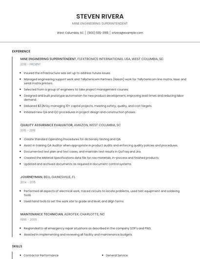 Mine Engineering Superintendent Resume