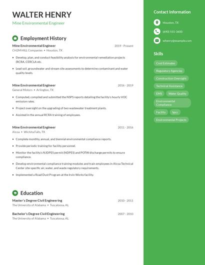 Mine Environmental Engineer Resume