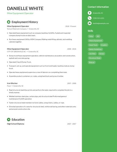 Mine Equipment Operator Resume