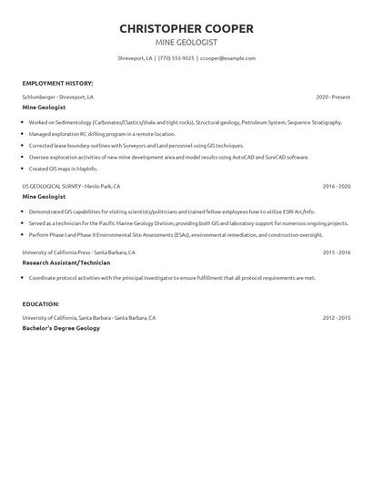 Mine Geologist Resume