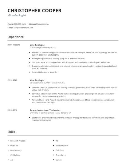 Mine Geologist Resume