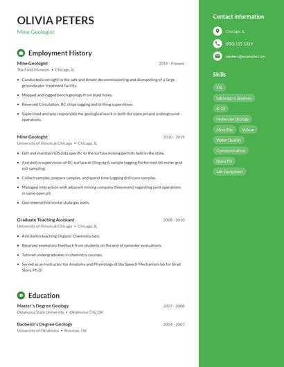 Mine Geologist Resume