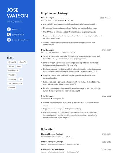Mine Geologist Resume
