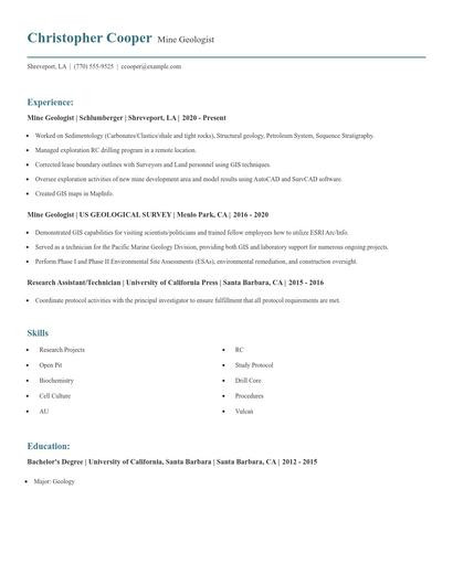 Mine Geologist Resume