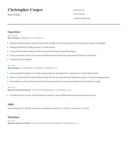 Mine Geologist Resume