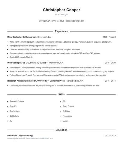 Mine Geologist Resume