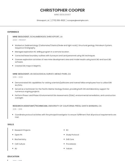 Mine Geologist Resume