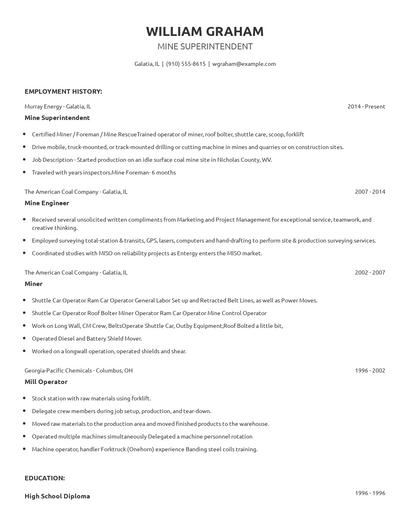 Mine Superintendent Resume