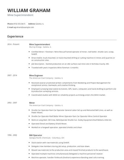 Mine Superintendent Resume
