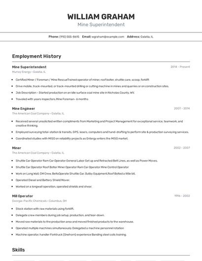 Mine Superintendent Resume