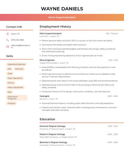 Mine Superintendent Resume