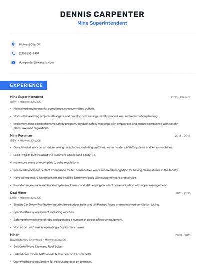 Mine Superintendent Resume