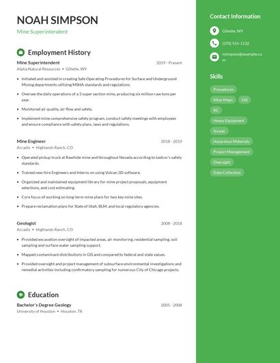 Mine Superintendent Resume