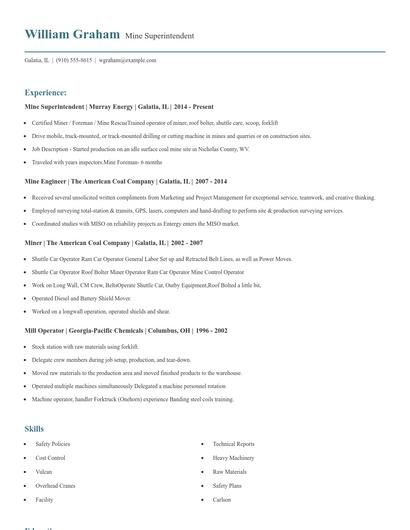 Mine Superintendent Resume
