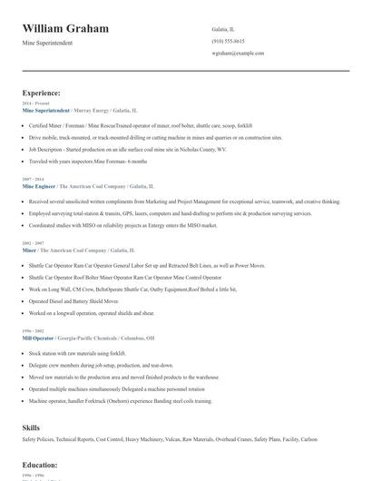 Mine Superintendent Resume