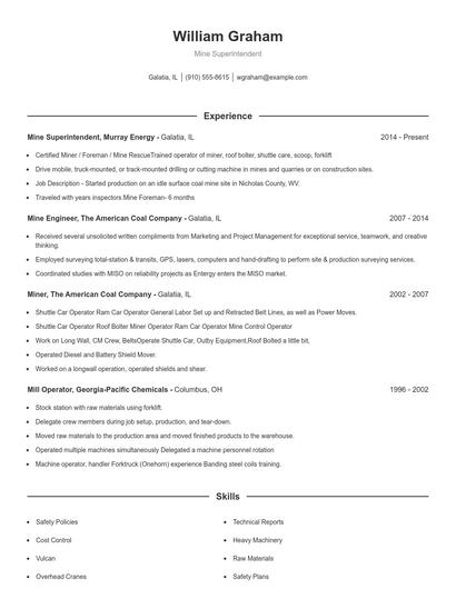 Mine Superintendent Resume