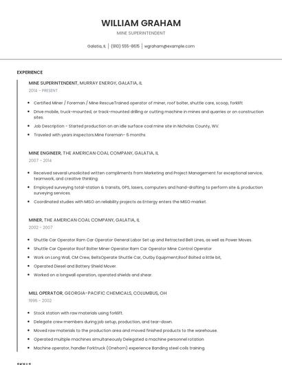 Mine Superintendent Resume