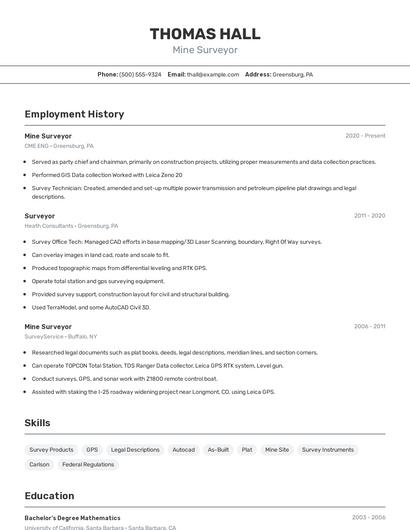 Mine Surveyor Resume