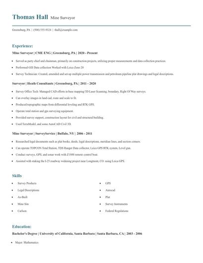 Mine Surveyor Resume